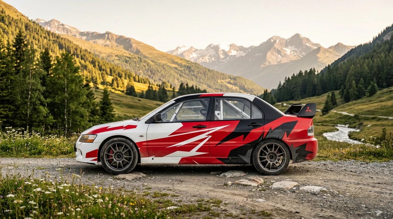 Rallyefahrzeug in der Seitenansicht mit Designfolierung in Rot, Weiß und Schwarz