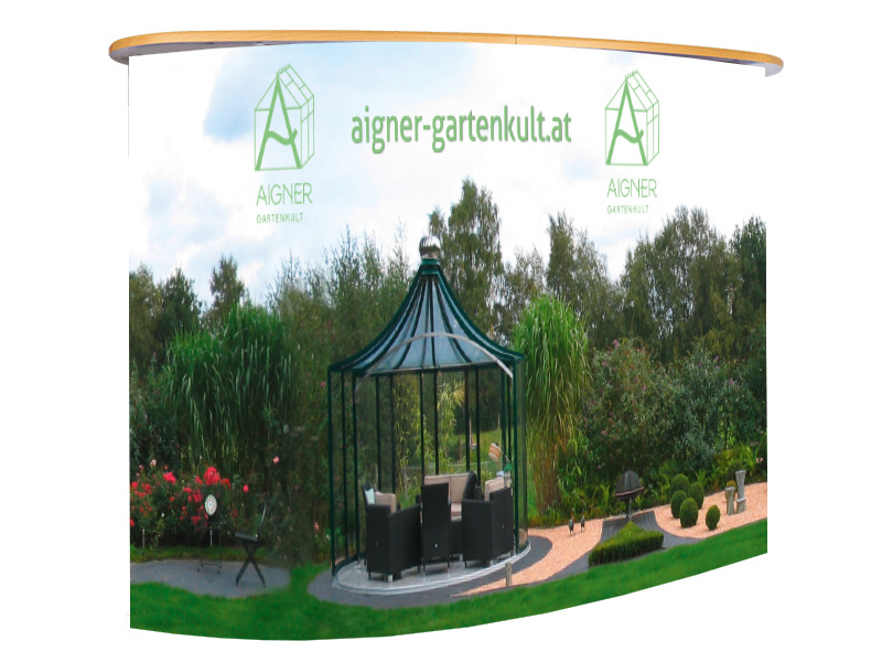 Bedruckte Messetheke für Aigner Gartenkult