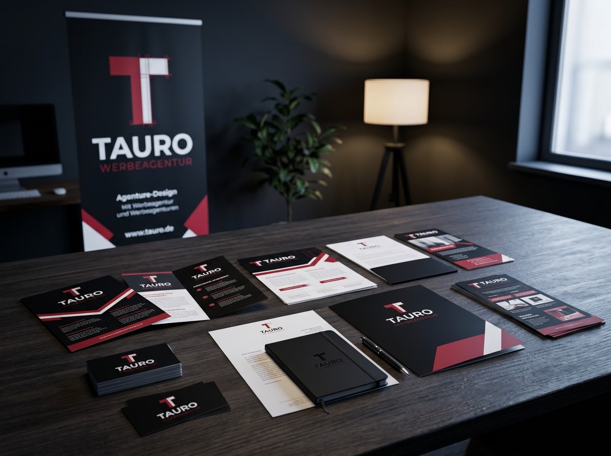 Geschäftsausstattung der TAURO Werbeagentur: Roll-up, Folder, Briefpapier und Visitenkarten