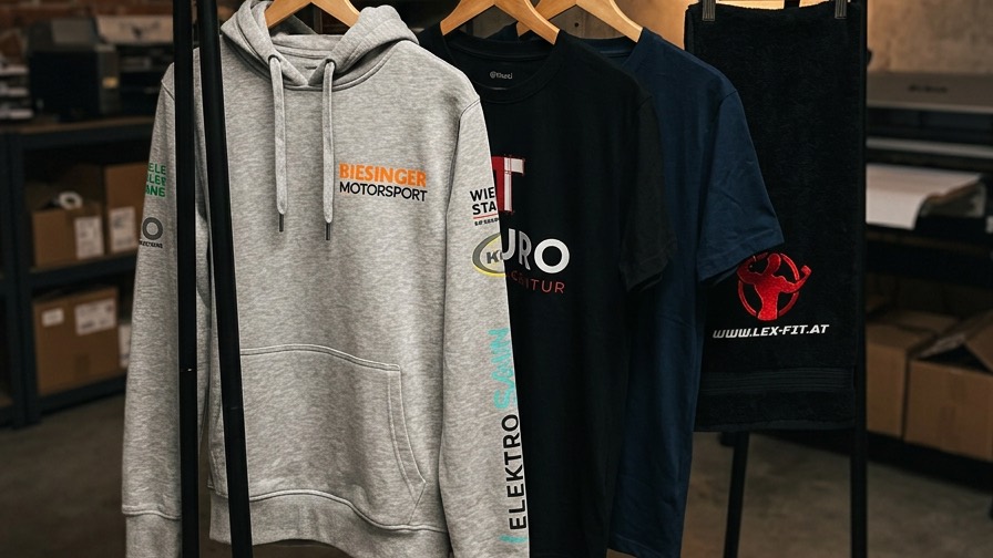 Textilien mit Firmenlogos: bedruckter Hoodie, T-Shirts und Handtuch